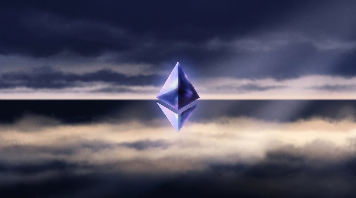 A glowing Ethereum diamond crystal floating above a misty horizon at twilight